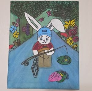 Whimsical Bunny Fishing in Blooming Forest – Hand-Painted Original Canvas Art